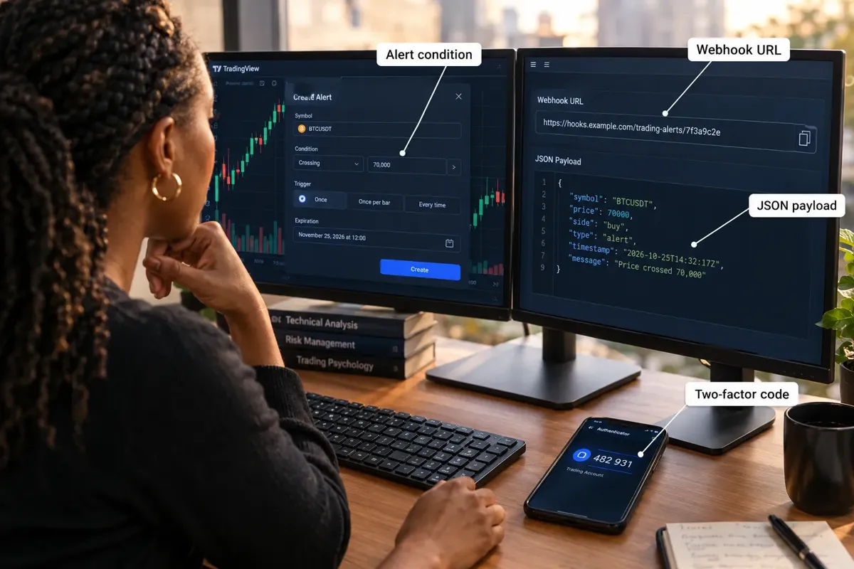 Stock-style photo of a woman at two monitors with callouts for alert condition, webhook URL, JSON payload and a two-factor code on her phone.