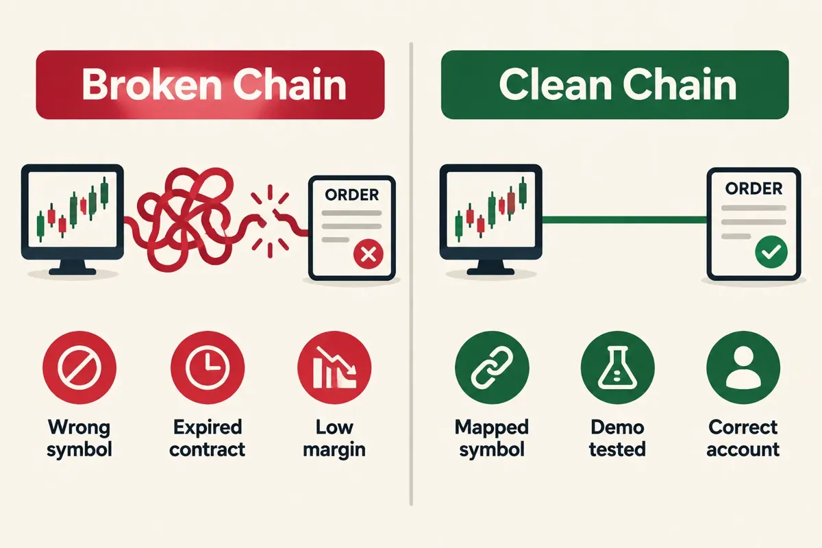 Green and red comparison: a broken chain (wrong symbol, expired contract, low margin) beside a clean chain (mapped symbol, demo tested, correct account).